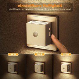 Emeritpro Night Light Socket with Motion Sensor and Twilight Sensor (3 Brightness Levels, Optional Auto/On/Off Mode) 1W LED Night Light for Children's Room, Hallway, Stairs, Kitchen, Pack of 2, Warm White