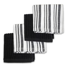 Frigidaire Claire 100% Cotton Dish Clothes,12" x 12", Solid and Stripe Print, Machine Washable, Black,4-Pack