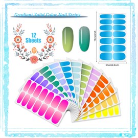 JERCLITY 12 Sheets Bright Nail Wraps Gradient Solid Color Nail Polish Strips with Nail File Self-Adhesive Stylish Nail Stickers Full Nail Wraps for Women Nail Art