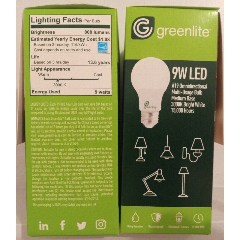 Greenlite 8 60W Equivalent LED 9W Non-Dimmable A19 Household Light