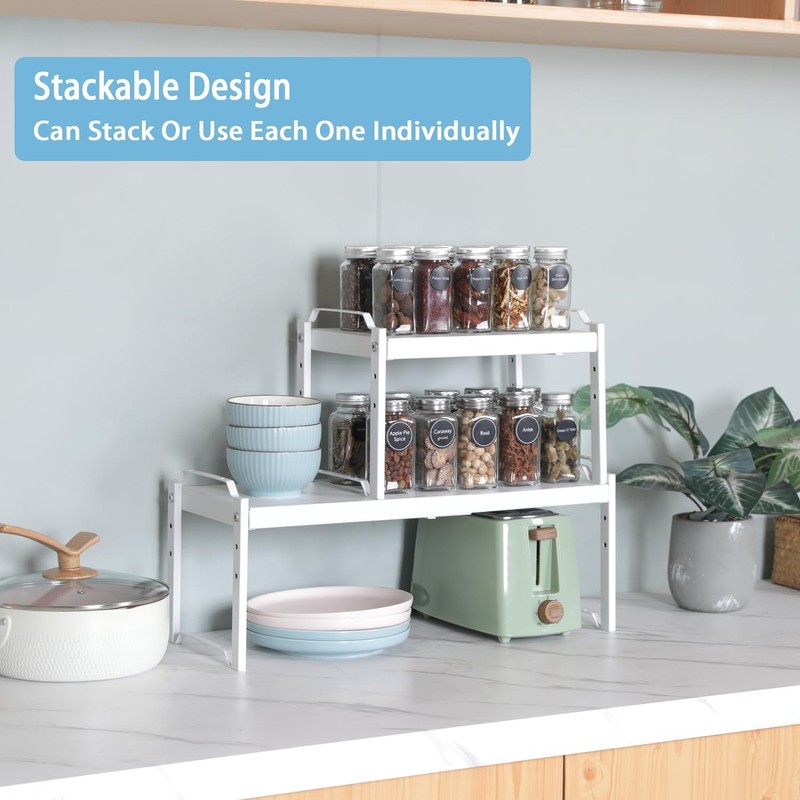 2 Pack Kitchen Cabinet Organizer Shelf, Stackable Expandable Shelves Organizers
