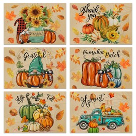 Juego de 6 manteles individuales para otoño, diseño de calabaza, hojas de arce, gnomos, mesa de comedor, 12 x 18 pulgadas, estacional de otoño, cosecha festiva, rústico, clásico, Acción de Gracias