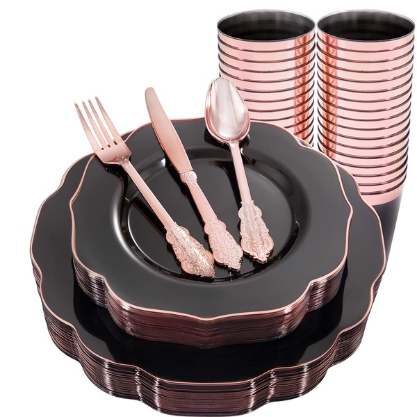 BUCLA 30Guest Clear Black Plastic Plates With Rose Gold Silverware& Disposable Plastic Cups- Rose Gold Rim Plastic Dinnerware Ideal For Birthday Parties