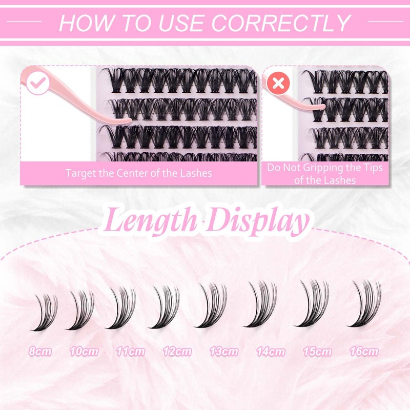 Eyelashes, Individual, Cluster for Eyelash Extension, 40P, 0.07, D-curl, Mixed,