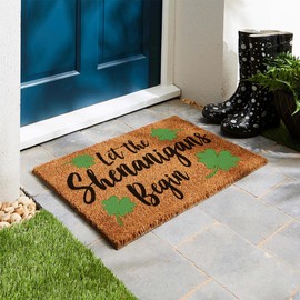 Funny Coir Doormat Let The Shenanigans Begin Shamrock St Patrick's Day Front Door Outdoor Entryway Mat Porch Patio Welcome Mats Coconut Brown Mat Prank Novelty Gift Outdoor Mat 23.7x15.7 inch