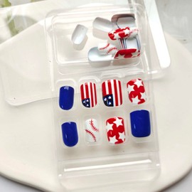 Short Press on Nails Independence Day Square Fake Nails Red Blue White Star Designs False Nails Glossy Red Stripe Baseball Pattern Acrylic Nails Artificial Independence Day Short Glue on Nails