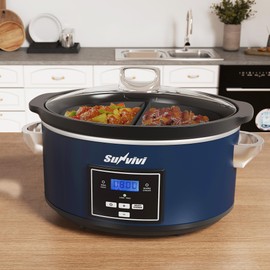 SUNVIVIPRO Programmable Slow Cooker, Multi-Cooker with 2 in 1 Silicone Slow Cooker Liners, 6 QT Food Warmer with Digital Timer, 3 Adjustable Temp & Dishwasher Safe Parts, Stainless Steel, Blue