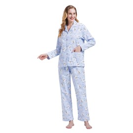 GLOBAL Women's Flannel Pajamas Set 100% Cotton PJs for Women Long Sleeve Button Drawstring Waist Warm Loungewear Sleepwear