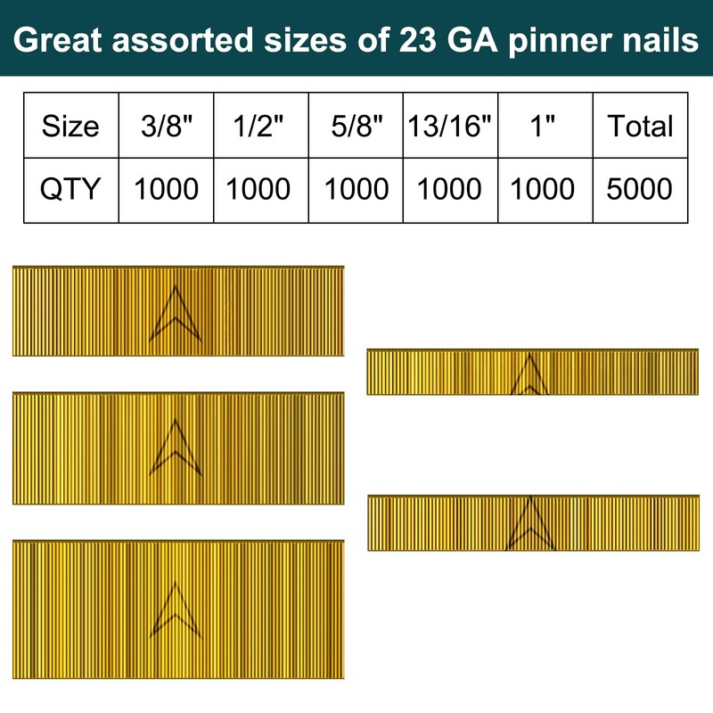 Toicann 23 Gauge Pin Nails (1",13/16",5/8",1/2",3/8") 5000 pcs Headless Pinner