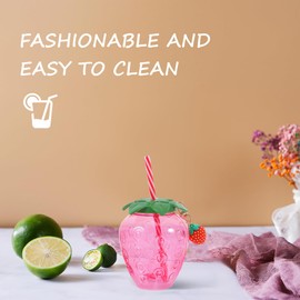 Healifty Strawberry Cups for Party: 3 Sets 17oz Adorable Drinking Cups with Lids Straw Keychains - Reusable Milk Tea Juice Tumblers for Girls Kids Women Gifting