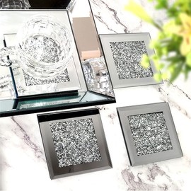 GIMORRTO 4 Pieces Crushed Diamond Square Cup Mat Glass Mirror Coaster 4" for Table Top Decoration Bar Tools Dining Table