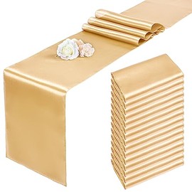Pesonlook - Juego de 15 caminos de mesa de satén champaña de 12 x 108 pulgadas de largo para mesas redondas rectangulares, camino de mesa de satén suave para bodas, fiestas de cumpleaños, decoración