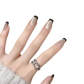 Nailsculpt Press On Nails -Coffin Cat Eye Black French Tip Fake Nails with Glaze Finish | Salon Quality | 24 nail kit -12 Sizes with 48 Jelly tabs| Reusable Durable Easy-Removal False Nails