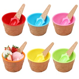 PORUPAEL 6 Pieces Candy Color Ice Cream Bowls, Colorful Ice Cream Cup with Spoons Thickening Plastic Dessert Bowls Cute Dessert Container Holder for Family, Camping, Party