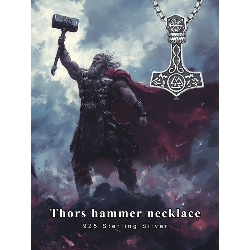 Cargari Thor Hammer Necklace Sterling Silver Mjolnir Pendant Viking Runes