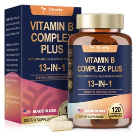 13-in-1 Vitamin B Complex Plus with Vitamin B1, B2, B3 (Niacinamide), B4, B5, B6, B7 (Biotin), B8 (Inositol), B9 (Folate), B12, C, D3, K2 - Energy, Nerve, Immune, Skin Support - 120 Vegan Capsules