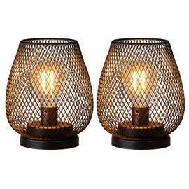 DECORKEY Set of 2 Battery Operated Lamp LED Table Lantern, Brown Metal Cage Cordless Lamps with LED Bulb，Vintage Decorative Outdoor Lantern for Weddings, Parties, Patio, Events for Indoors Shelf Decor