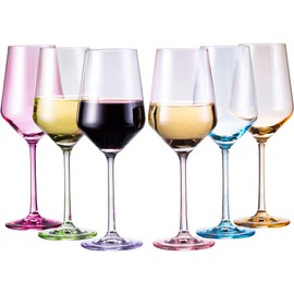 Colored Crystal Wine Glass Set of 6, Large Stemmed 12 oz Glasses, Great for all Occasions & Special Celebrations, Unique Italian Style Tall Drinkware for Red & White Wine