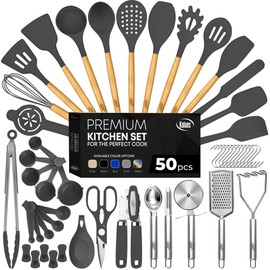 Kaluns 50 PCS Silicone Kitchen Utensils Set Complete Kitchen Set - 800°F Heat Resistant Non-Stick Premium Silicone Cooking Utensils W Wooden Handles - Can Opener, Masher, Turner, Silicone Spatula Set