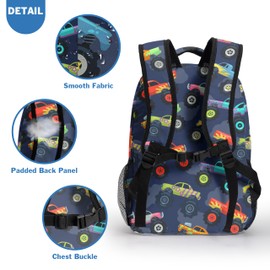 Kwlegh Monster Truck Backpack Toy Car Print Bookbag for Boys Kids Preschool Kindergarten Elementary School Bag with Chest Strap Lightweight Schoolbag Back Pack