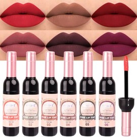 Juego de 6 labiales líquidos de larga duración para mujeres; juego de brillos labiales líquidos permanentes y que duran 24 horas, color rojo vino oscu