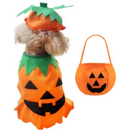 Disfraz de calabaza para perro, disfraz de Halloween para perros, disfraz de calabaza de Halloween con sombrero y bolsas de caramelo para truco o golosina, divertido disfraz de fiesta de cosplay para