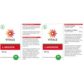 Vitals - L-Arginin 500mg 60 Kapseln. Semi-essenzielle Aminosäure. 100% Vegan. in einer pflanzlichen Kapsel, ergänzt mit Hilfsstoffen aus natürlichen Quellen.