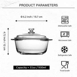 0.93L Glass Casserole Dish with Lid Round Casserole Dish 6.2 inch Glass Microwave Bowl With Glass Lid Casserole Cookware (31 oz)