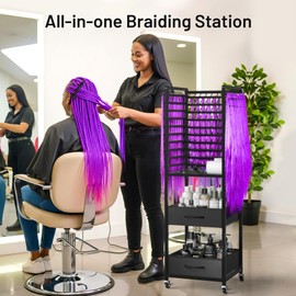 Yumkfoi 300 Pegs Braiding Rack with Large Drawers, 3-Sided Hair Rack with Wheels and 16 Braiding Tools, Hair Extension Holder 52 Inch Height for Hair Salon, Home
