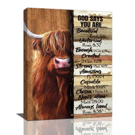 Farmhouse Highland Cow Decor Wall Art Farm Cow Inspirational Quotes God Says You are Pictures Wall Decor Canvas Painting Prints Artwork Decorations Framed for Bathroom Bedroom Kitchen 12"x16"