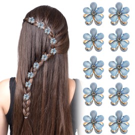 Hoxfly 10 Pcs Mini Diamond Hair Claw Clips, Small Pearl Hair Clips, Flower Hairpins, Hair Accessories for Girls Women, Sweet Barrettes, Hair Styling Accessories for Daily Date,Party, Wedding (Blue)