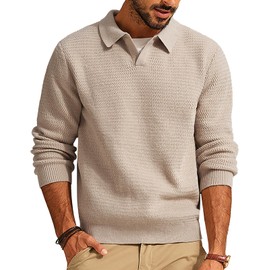 PJ PAUL JONES Sweater for Men Cable Knitted Pullover Sweater V Neck Polo Sweater Stretchy Sweater Beige