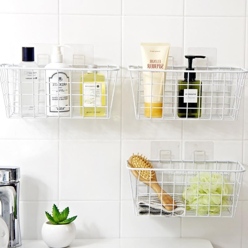Creative Wall Mounted Storage Basket with Sticky Hooks, Iron Hanging