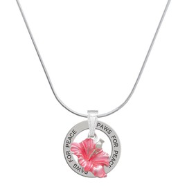Delight Jewelry Silvertone Hot Pink Hibiscus Flower - Paws for Peace Ring Charm Necklace, 18"