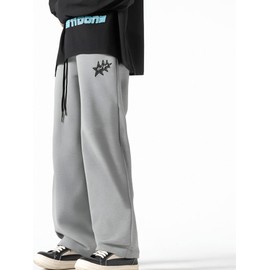 VIPWOLF Men's Baggy Sweatpants Y2k Star Graphic Print Stacked Wide Leg Jogger Pants Light Grey Small