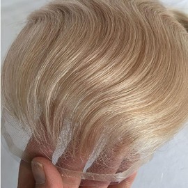 Kikzok Dreambeauty 10x8 Inch Toupee for Men,European Human Hair Lace Front Natural Hairline Men's Hairpieces 0.08mm Thin Skin PU V-looped Replacement System (#22 Light Ash Blonde Color)