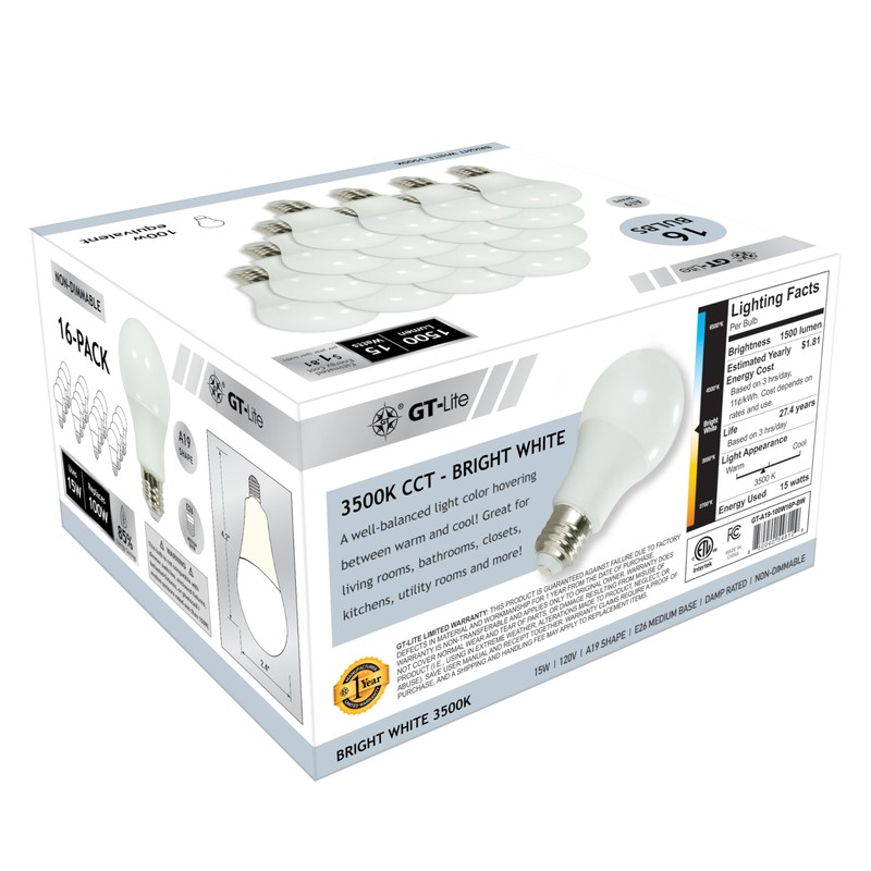GT-Lite 16 Pack LED Light Bulbs,100 Watt Equivalent,15 Watt 3500K