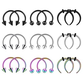 Longbeauty 12/18 Pieces 14G 16G Stainless Steel Half Moon Pincher Septum Rings C Shape Buffalo Horseshoe Taper Set 8 mm 10 mm 12 mm Inner Diameter, Stainless Steel