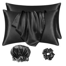 ColourNest ColourNest Satin Pillowcase Set for Hair and Skin 2 Pack, Silky Satin Pillowcases with Envelope Closure, Includes Satin Scrunchie and Bonnet, Standard Size 20x30 Inches, Black