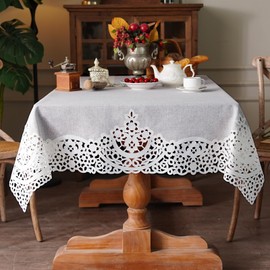 Artbloss Tablecloth Rectangle Gray Farmhouse Elegant Table Cover with Hollow Vintage Lace Border for Christmas Kitchen Home Outdoor Indoor Dining Decor (Offwhite, 60 x 120 Inches)