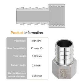 sourcing map 5pcs Stainless Steel Barbed Fitting 3/4" NPT Female to 1" Hose ID for Home Pipe Fitting Direct Thread Connector Durable Construction