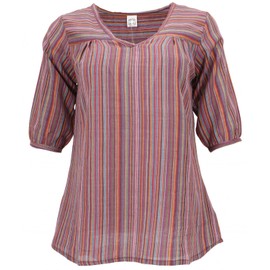 GURU SHOP Women's Lightweight Cotton Blouse, Striped V-Neck Blouse, Colourful