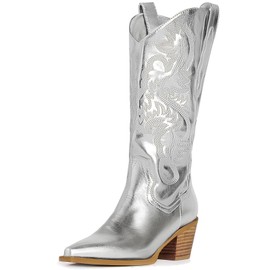 MUCCCUTE Women's Cowgirl Boots Metallic Cowboy Boots Chunky Block Heel Western Boots Ladies Vintage Wide-calf Boot Size 7