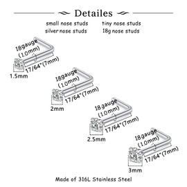 MODRSA Nose Studs, 18g L Shaped Stainless Steel Nose Rings, 4pcs Nostril Piercing Stud Set with Cubic Zirconia, Hypoallergenic Nose Studs for Women