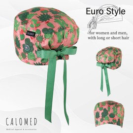 CALOMED Scrub Cap for Women and Men, Euro Style Scrub Caps, Working Hat, Head Cover with Ribbon Ties and Buttons, Long or Short Hair (Cactus on Peach)