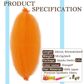 Afro Twist Hair Pre-Separated Springy Pre-Stretched Wrapping for Soft Locs Marley Braiding Extensions - Kinky (24 Inch, Pack of 3, Orange#)