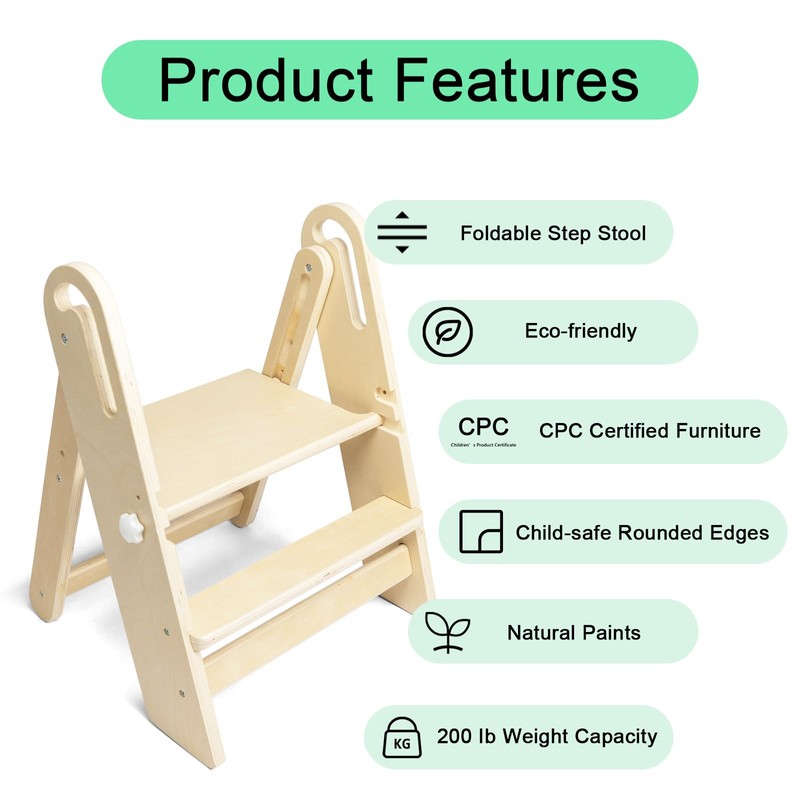 WOOD CITY Step Stool Foldable for Toddlers, Adjustable Kids Step