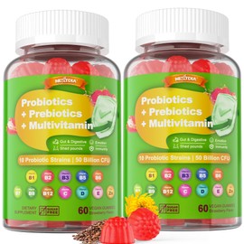 Vegan Probiotics Gummies for Women & Men - Fiber Prebiotics supplements(Made in USA) | 50 Billion CFUs Probiotics, Inulin, Psyllium Husk & Multivitamin for Gut, Digestion & Immune Health,2 PACK