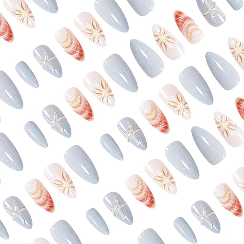24PCS Ocean Theme Press On Nails - 3D Blue White