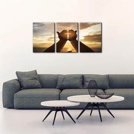Pacimo Canvas Wall Art, Set of 3 Framed Art Prints, Jesus Hands Prayer Painting, Christian Crosses Print on Canvas Set, Sunset Modern Wall Decor for Bedroom Living Room Office Decor - 12"x16"x3